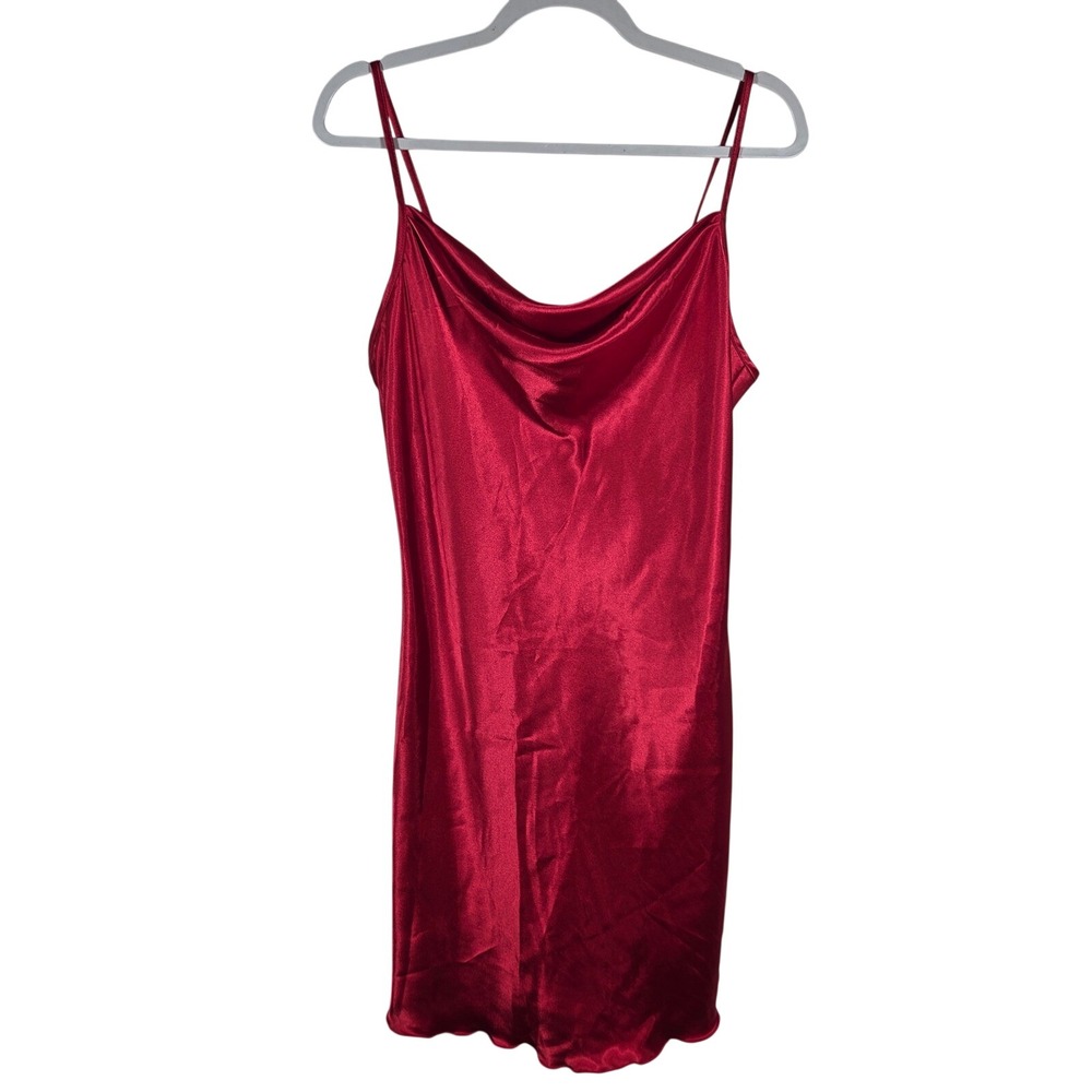 Bebe Womens Red Satin Cowl Neck Spaghetti Strap Mini Slip Dress Size L Y2K Chic